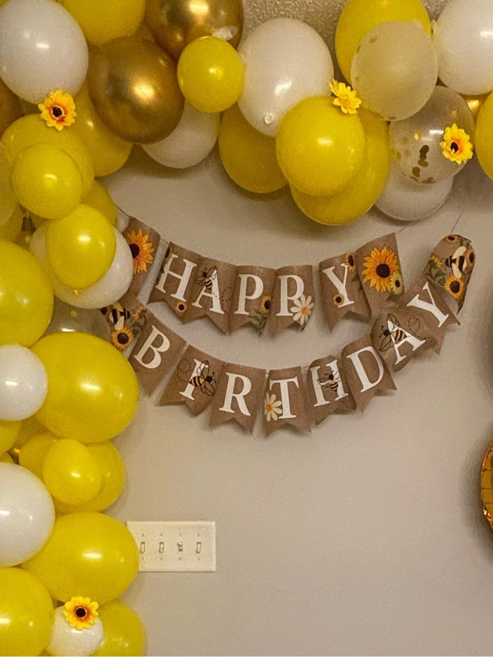 Happy Birthday Burlap Pennant Banner Sign Sunflower and Bumble Bee Theme